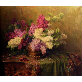 A Still Life With Lilacs And Violets On A Draped Guilt Rococo Table