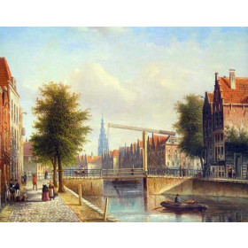View of a town with figures strolling on a quay