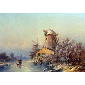 A Winter Landscape with Figures on a Frozen Waterway