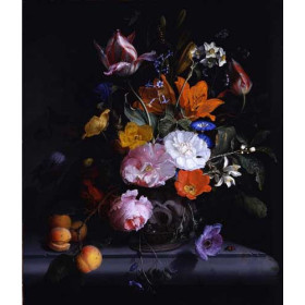 Jacob Van Walscapelle - A Still Life of Flowers and a Branch o f Peaches