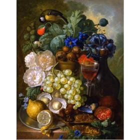 Jan Van Os - Still Life with Fruits and Flowers, Oyster, Mussels, a Glass of Wine and a Decanter