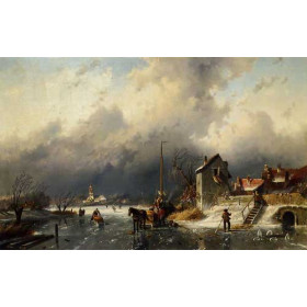 Leickert, Charles Henri - A Frozen River Landscape with a Horsedrawn Sleigh