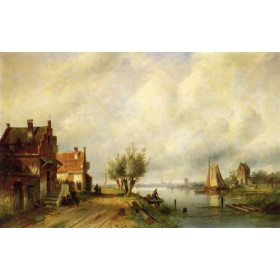 Leickert, Charles Henri - A River Landscape in Summer with Peasants Conversing by Old Houses along a Road