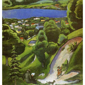 Macke, August - Tegernsee Landscape with Man Reading and Dog