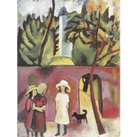 Macke, August - Three Girls with a Dog in Front of the Garden Gate
