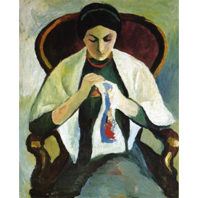 Macke, August - Woman Embroidering in an Armchair, Portrait of the Artists Wife