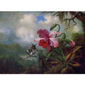 Martin Johnson Heade - Orchid and Hummingbirds near a Mountain Lake
