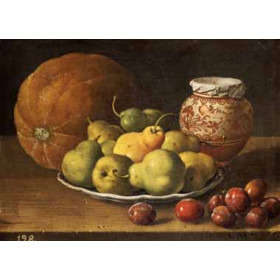 Melendez, Louis(Spain) - Pears on a Plate, a Melon, Plums, and a Decorated Manises Jar