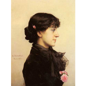 A Lady in Black with Pink Roses