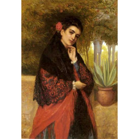 A Spanish Beauty In A Red And Black Lace Shawl