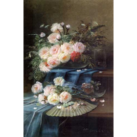 Flowers, Fan and a Glass on Draped Table