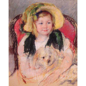 Sara with Her Dog, in an Armchair, Wearing a Bonnet with a Plum Ornament