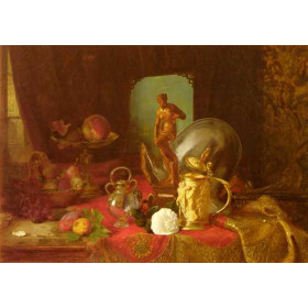 A Still Life with Fruit, Objets dArt and a White Rose on a Table