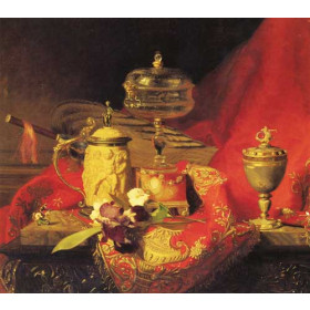 A Still Life With Iris And Urns On A Red Tapestry