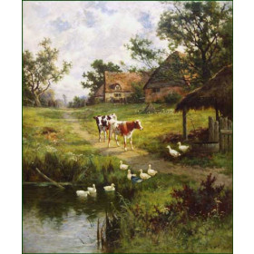 Calves and Ducks on a Farm