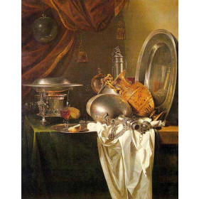 Still Life with Chafing Dish, Pewter, Gold, Silver, and Glassware
