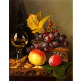 A Still Life of Black Grapes, a Peach, a Plum, Hazelnuts, a Metal Casket and a Wine Glass on a Carved Wooden Ledge